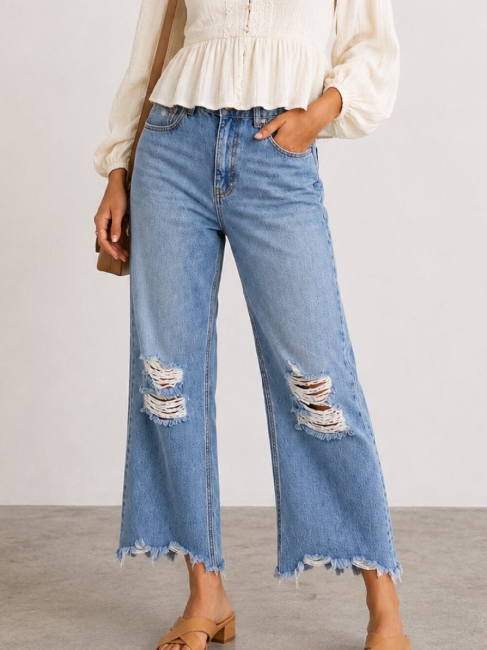 URBAN OUTFITTERS BDG High Waisted Wide Leg Distressed Crop Jeans Raw Hem Blue 31